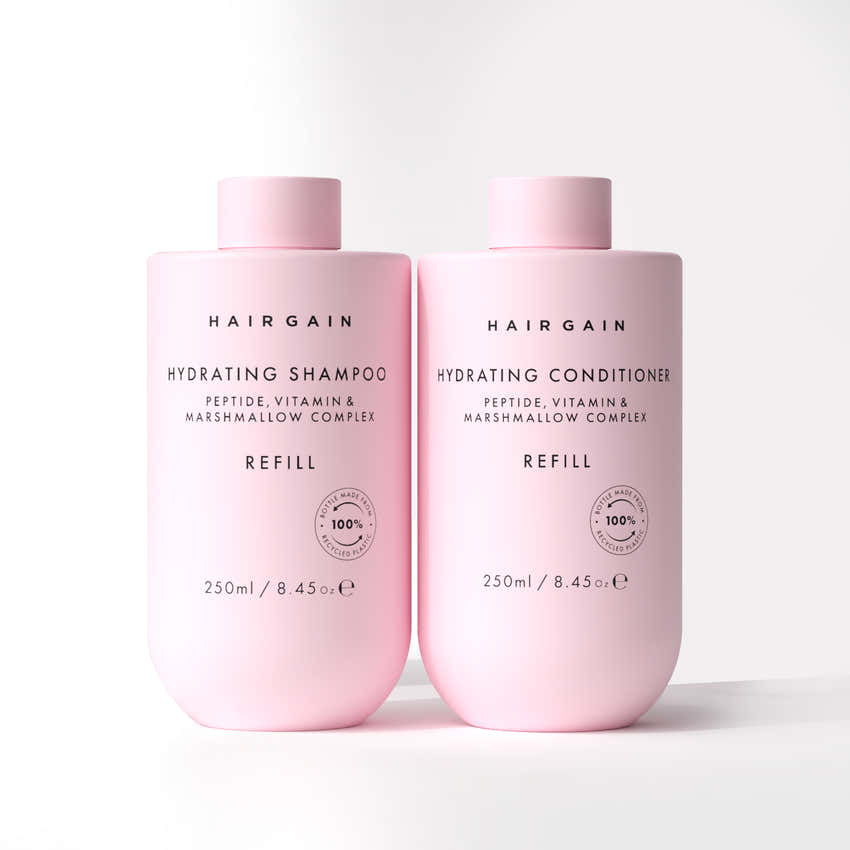Official Hair Gain 250ml Shampoo and Conditioner Refill Duo shown side by side
