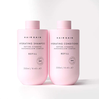 Official Hair Gain 250ml Shampoo and Conditioner Refill Duo shown side by side