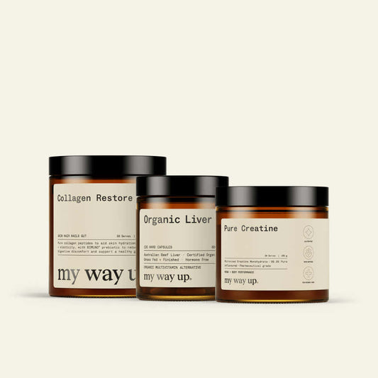 Official My Way Up Brain + Body Stack three jars: Collagen Restore Organic Liver and Pure Creatine