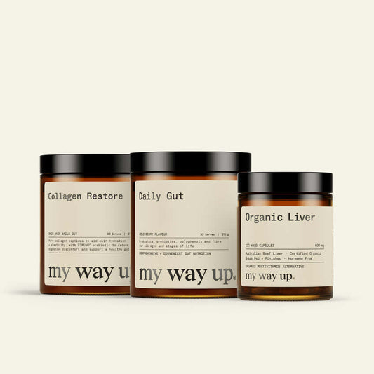 Official My Way Up Daily Foundations Stack with Collagen Restore Daily Gut and Organic Liver